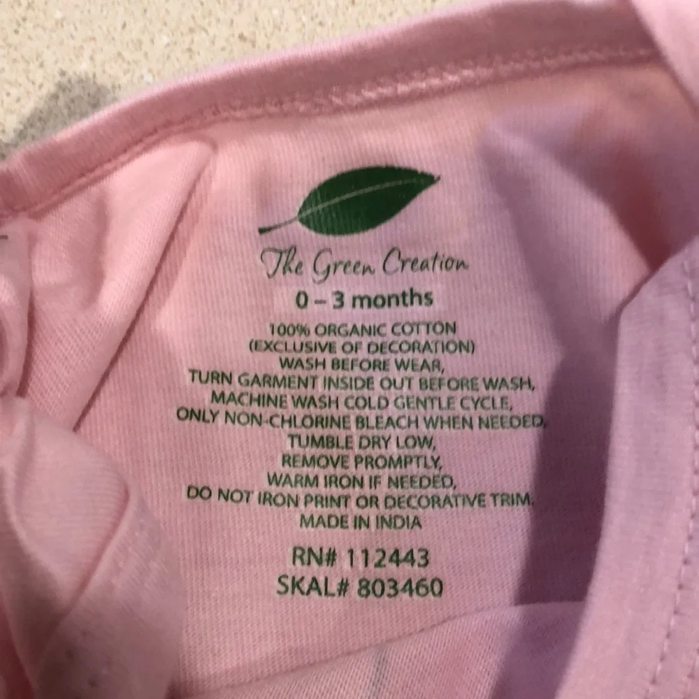 THE GREEN CREATION ORGANIC COTTON ONE PIECE BABY GIRL PINK 2 PACK SZ 0 TO 3 MO